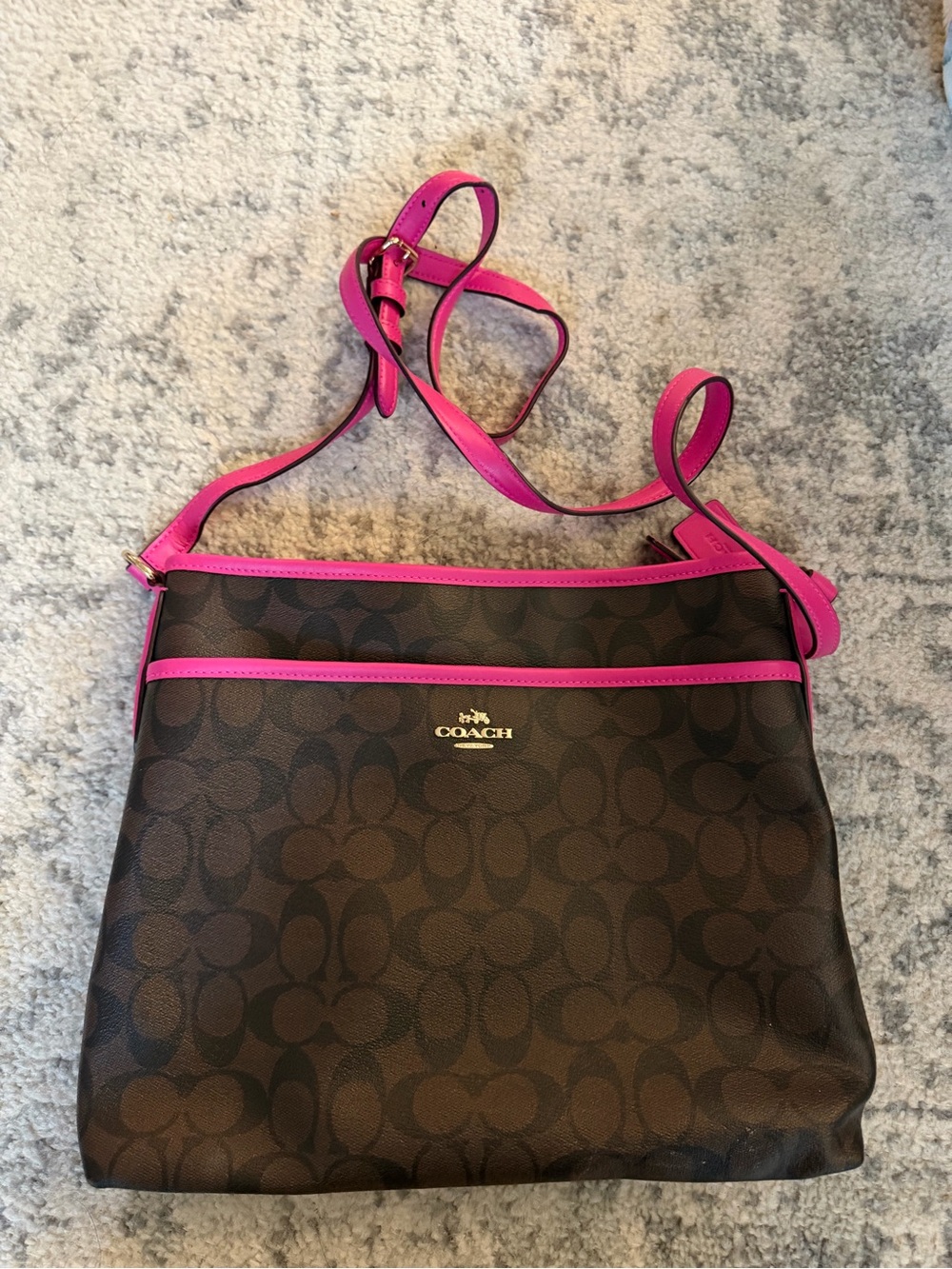 Coach Brown Signature Crossbody with Hot Pink Trim and Strap